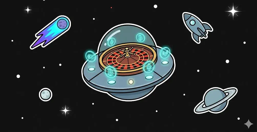 UFO-shaped casino with a roulette wheel and floating cryptocurrency icons in space for freeslots99.com crypto gaming.