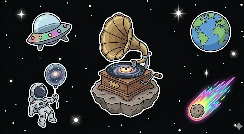 Cosmic gramophone slot graphics for the space music theme at freeslots99.com