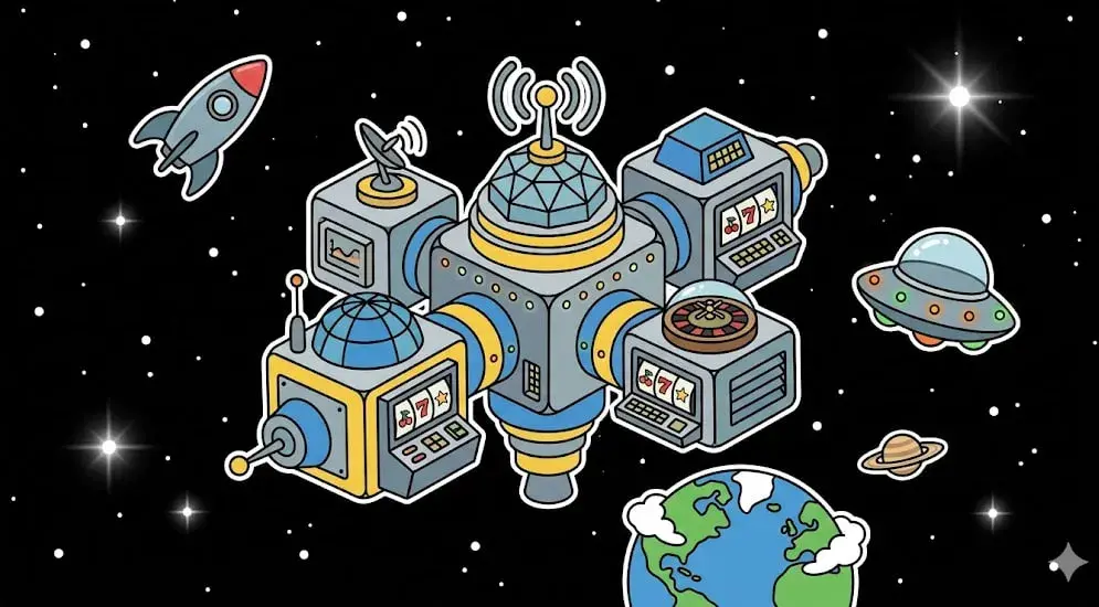 Complex space station casino with multiple slot machine modules for freeslots99.com gaming.