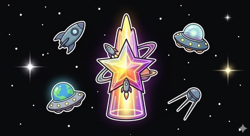 Glowing cosmic star icon with rockets and UFOs for game theme on www.freeslots99.com