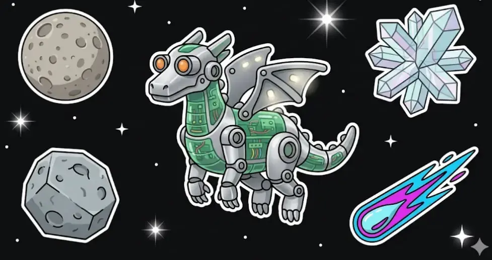 Mechanical space dragon with crystals and asteroids for game theme on www.freeslots99.com"