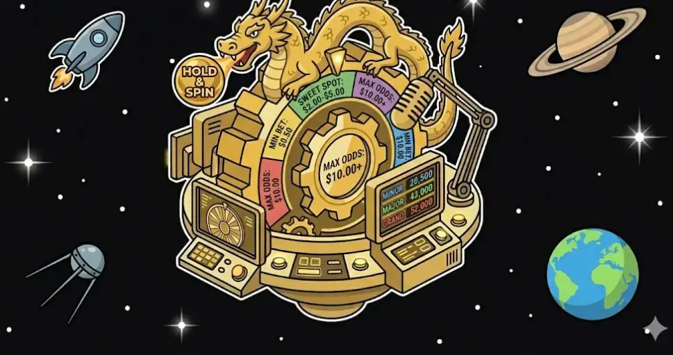 Golden dragon with Hold & Spin wheel in space studio for game features on www.freeslots99.com