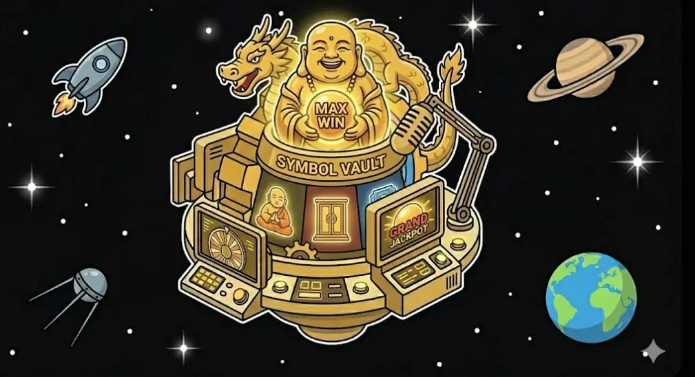 Golden Buddha and symbol vault in cosmic studio for max win info on www.freeslots99.com