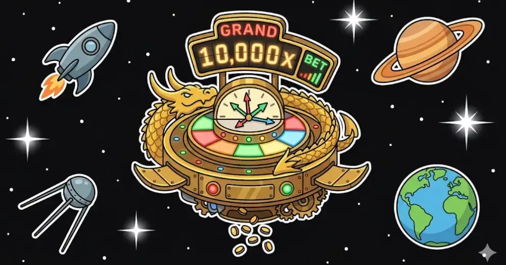 Golden dragon jackpot wheel with 10,000x bet multiplier in space for www.freeslots99.com