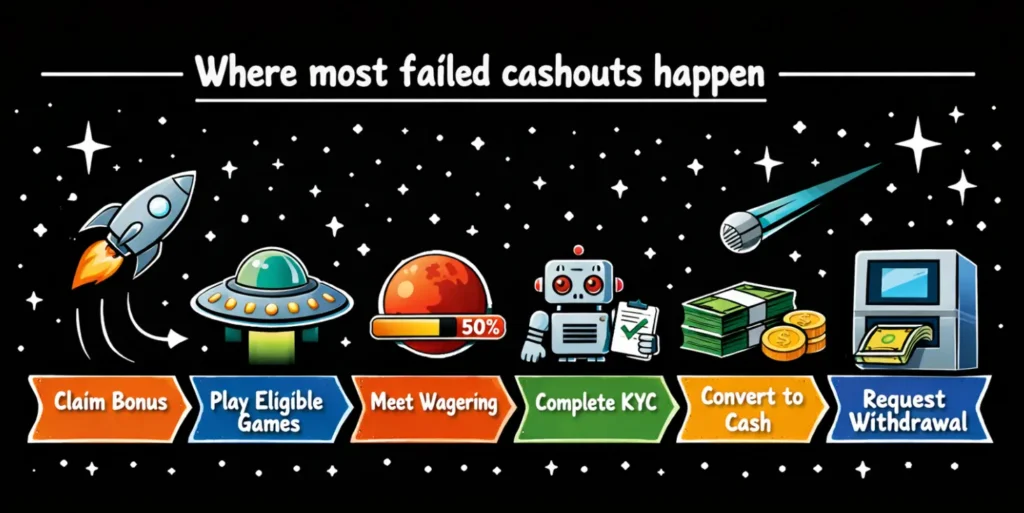Flowchart: no deposit bonus path from sign-up to withdrawal