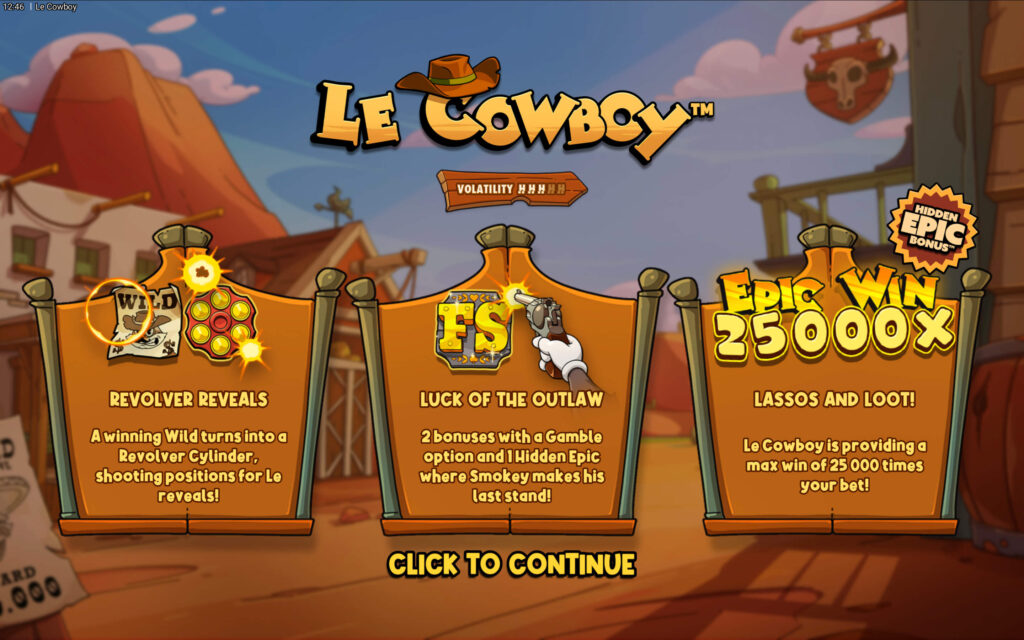 Le Cowboy slot theme and storyline screen