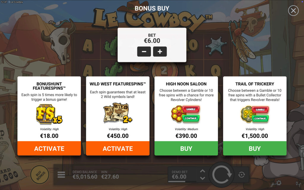 Le Cowboy slot bonus buy screen