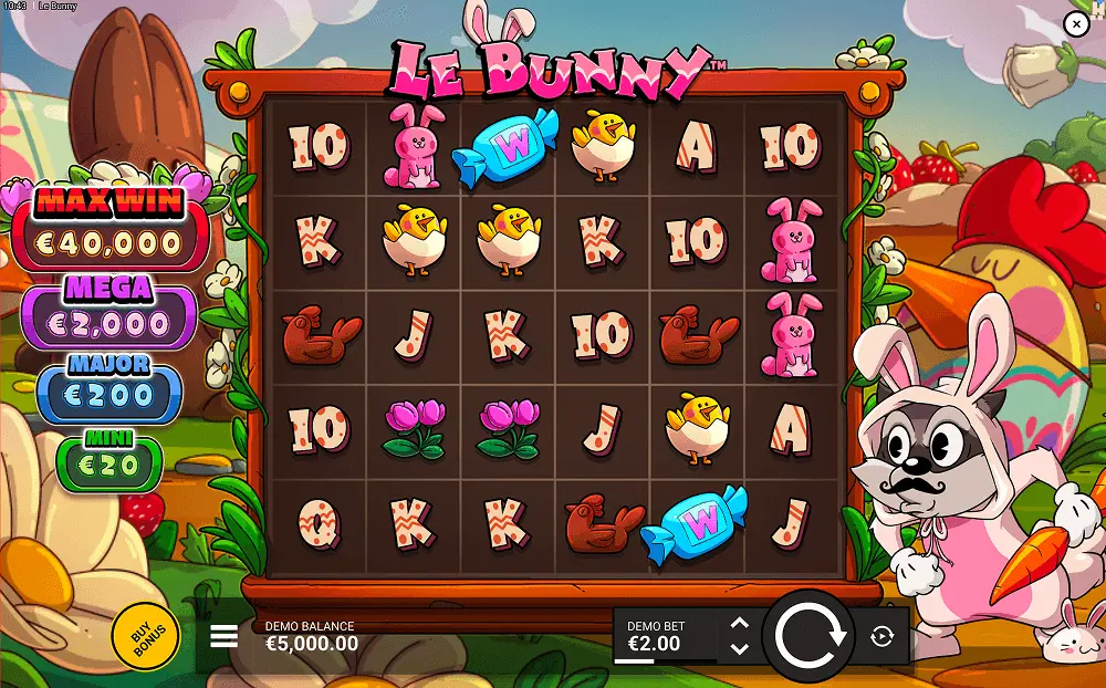 Le Bunny slot base game grid showing cluster pays layout with Easter egg symbols on a 6x5 board