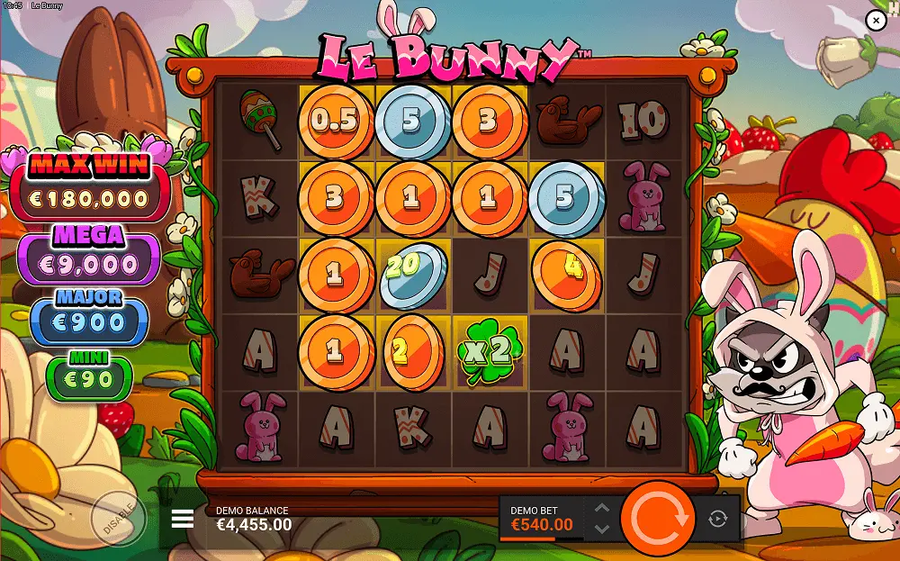 Le Bunny bonus game screen showing free spins round with win multiplier active and Easter symbol cluster forming