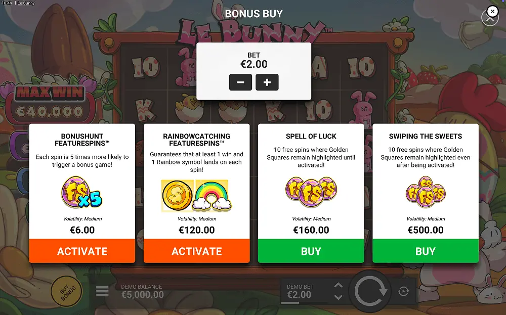 Le Bunny bonus features UI showing Bonus Bet toggle, Cash Collector meter, and Buy Feature button
