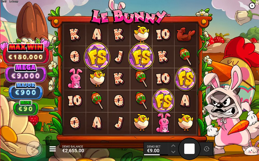 Le Bunny free spins bonus round showing rising multiplier counter and active cluster wins on Easter-themed grid