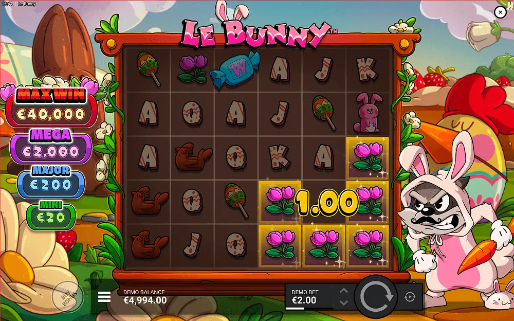 Le Bunny slot showing an active cluster win with adjacent Easter egg symbols highlighted on the 6x5 grid