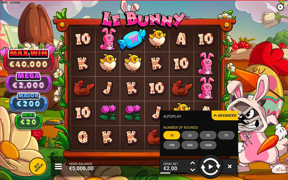 Le Bunny slot settings panel showing bet size selector, Bonus Bet toggle, autoplay options, and Buy Feature button