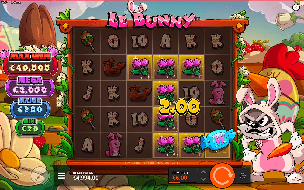 Le Bunny paytable view showing premium Easter egg symbol cluster payout multipliers on the 6x5 grid