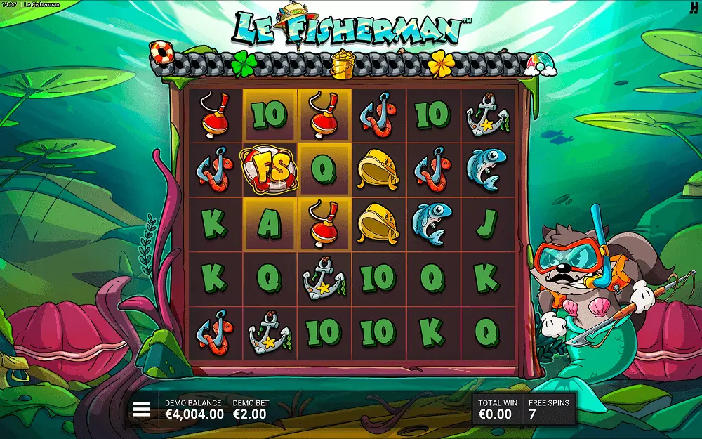 Le Fisherman bonus game showing Golden Squares reveal with coin prizes and Clover multipliers