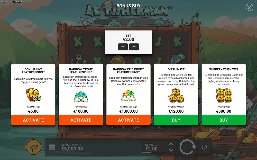 Le Fisherman bonus features screen showing On Thin Ice, Slippery When Wet, and Smokey Under Water free spins modes