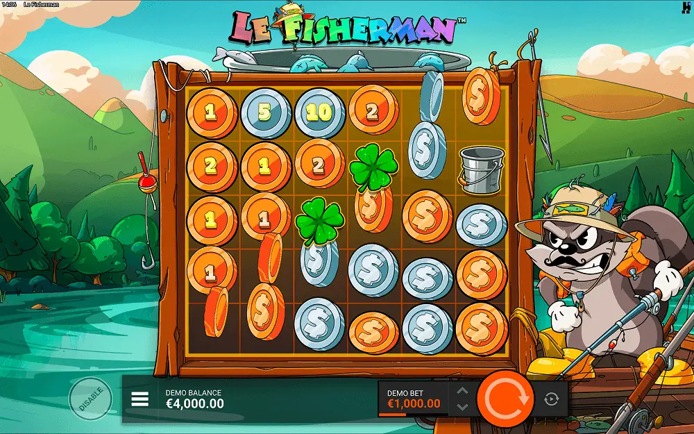 Le Fisherman paytable showing symbol values and cluster pay structure