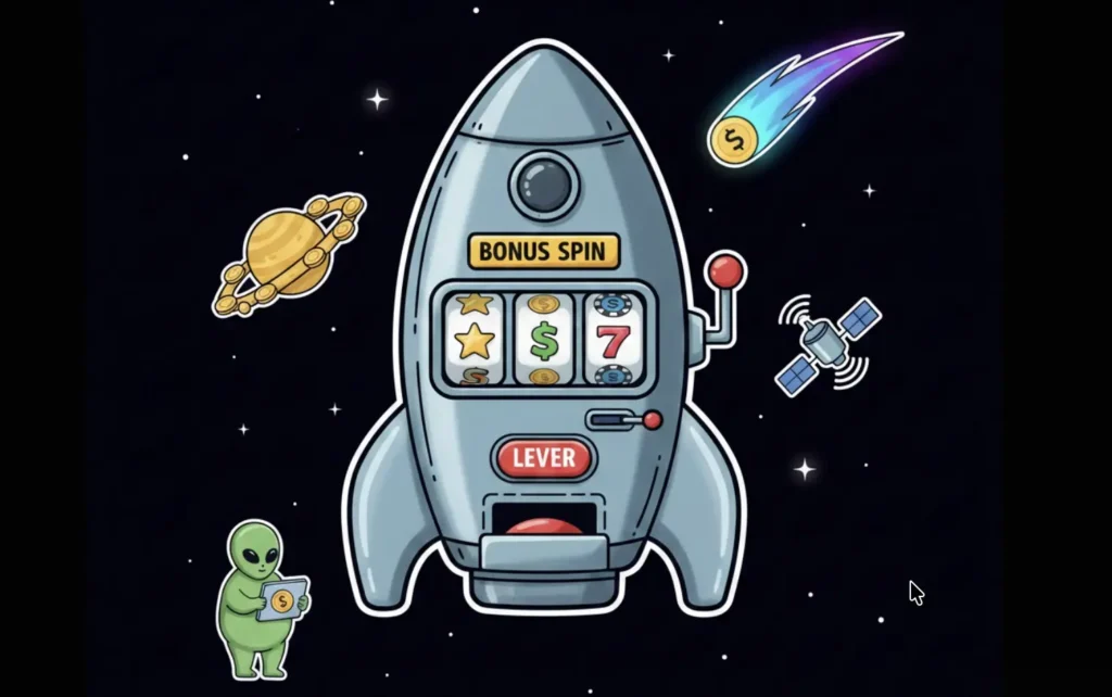 Rocket slot machine with bonus spin and alien in space – casino bonus illustration for freeslots99.com