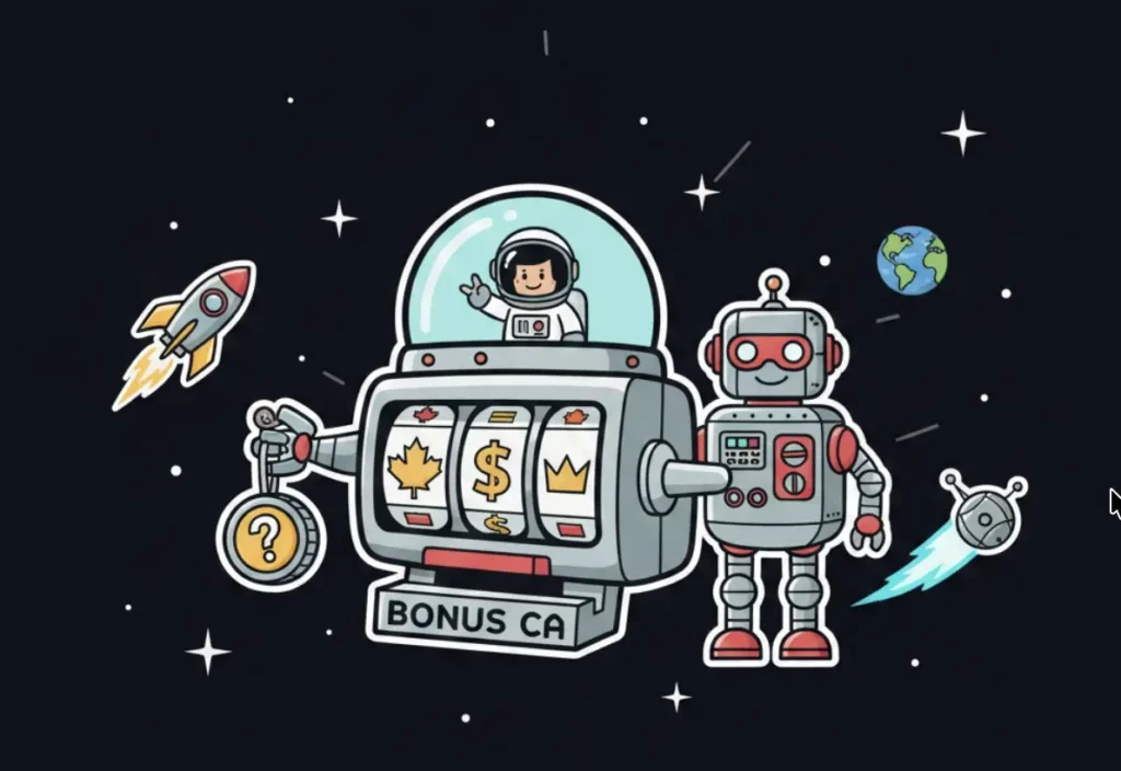 Bonus CA machine with astronaut, robot, rocket, planet and satellite in space for cosmic games at freeslots99.com