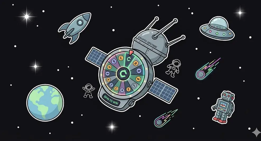 Satellite with a crypto spin-to-win wheel in space to represent cryptocurrency gaming on freeslots99.com